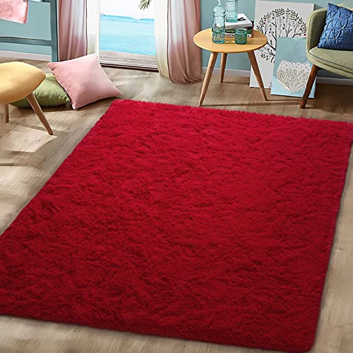 DETUM Soft Red Bedroom Area Rugs 3' X 5' Fluffy Fur Rug for Living Room Kids Room Nursery Room Shag Plush Floor Carpet Indoor Non-Slip Mat Modern Home Decor, 3x5 Ft, Red