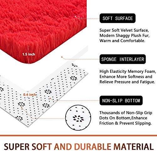 DETUM Soft Red Bedroom Area Rugs 3' X 5' Fluffy Fur Rug for Living Room Kids Room Nursery Room Shag Plush Floor Carpet Indoor Non-Slip Mat Modern Home Decor, 3x5 Ft, Red