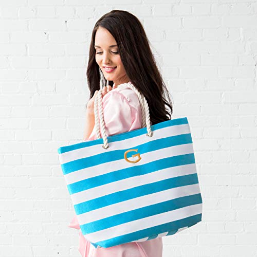 WEDDINGSTAR Personalized Extra-Large Cabana Stripe Canvas Fabric Tote Bag - Sky Blue