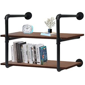 industrial pipe floating shelves,31inch wall mount hanging book shelves with 2 wooden boards planks in rustic brown wood finish farmhouse style