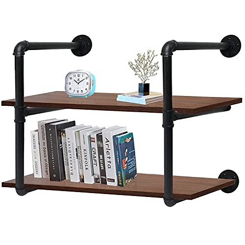 Industrial Pipe Floating Shelves,31inch Wall Mount Hanging Book Shelves with 2 Wooden Boards Planks in Rustic Brown Wood Finish Farmhouse Style