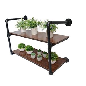 Industrial Pipe Floating Shelves,31inch Wall Mount Hanging Book Shelves with 2 Wooden Boards Planks in Rustic Brown Wood Finish Farmhouse Style