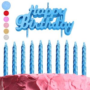 get fresh blue birthday cake candles set – 10-pack spiral candles and happy birthday letter candles cake topper – metallic bday candles and candles cake decoration – glitter blue birth-day candles
