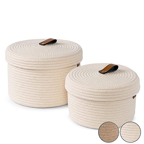 DENJA & CO Round Baskets with Lids - Set of 2 Decorative Baskets with Lids for Organizing - Natural Cotton Rope Lidded Baskets with Genuine Leather Tabs and Handles - Storage Baskets with Lids