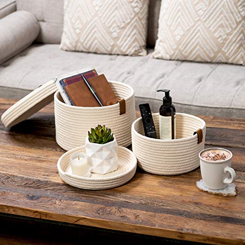 DENJA & CO Round Baskets with Lids - Set of 2 Decorative Baskets with Lids for Organizing - Natural Cotton Rope Lidded Baskets with Genuine Leather Tabs and Handles - Storage Baskets with Lids