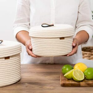 DENJA & CO Round Baskets with Lids - Set of 2 Decorative Baskets with Lids for Organizing - Natural Cotton Rope Lidded Baskets with Genuine Leather Tabs and Handles - Storage Baskets with Lids