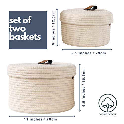 DENJA & CO Round Baskets with Lids - Set of 2 Decorative Baskets with Lids for Organizing - Natural Cotton Rope Lidded Baskets with Genuine Leather Tabs and Handles - Storage Baskets with Lids