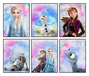 frozen wall decor posters for girls room decor, set of 6 prints, 8×10 inch, frozen bedroom decor for girls, frozen poster, girls bedroom decor, watercolor art pictures of elsa anna olaf kristoff sven for tween girl, kids bedroom playroom birthday party de