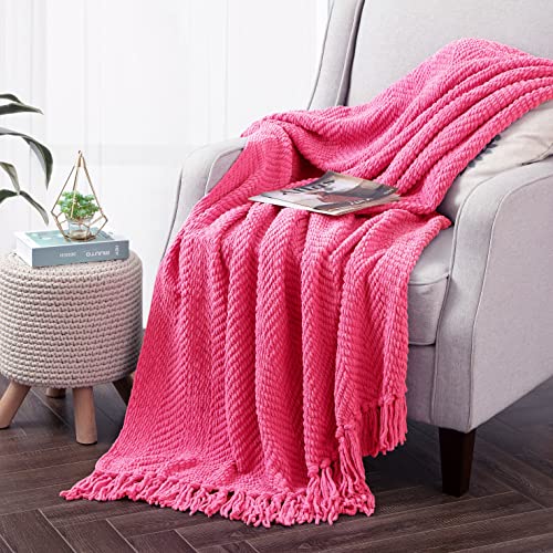 Bytide Throw Blanket for Couch Soft Knitted Textured Couch Cover Tweed Blanket with Fringe Tassel for Home Décor Bed Sofa Chair, 50" x 60", Hot Pink