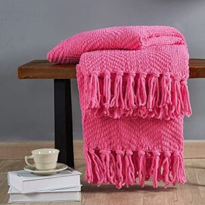 Bytide Throw Blanket for Couch Soft Knitted Textured Couch Cover Tweed Blanket with Fringe Tassel for Home Décor Bed Sofa Chair, 50" x 60", Hot Pink