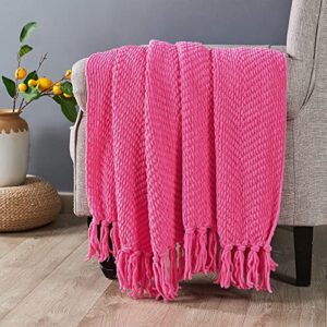 Bytide Throw Blanket for Couch Soft Knitted Textured Couch Cover Tweed Blanket with Fringe Tassel for Home Décor Bed Sofa Chair, 50" x 60", Hot Pink