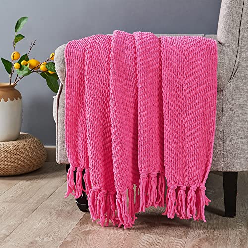 Bytide Throw Blanket for Couch Soft Knitted Textured Couch Cover Tweed Blanket with Fringe Tassel for Home Décor Bed Sofa Chair, 50" x 60", Hot Pink