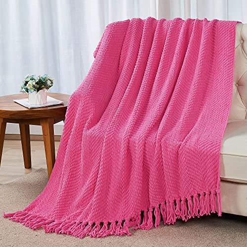 Bytide Throw Blanket for Couch Soft Knitted Textured Couch Cover Tweed Blanket with Fringe Tassel for Home Décor Bed Sofa Chair, 50" x 60", Hot Pink