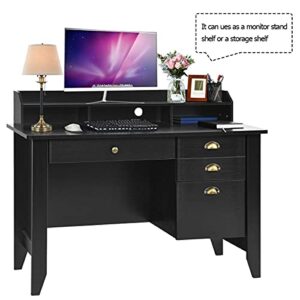 Catrimown Computer Desk with Drawers and Hutch, Executive Desk Teens Study Student Desk Writing Home Office Desks for Bedroom Small Spaces Wood Furniture, Vintage Style Black