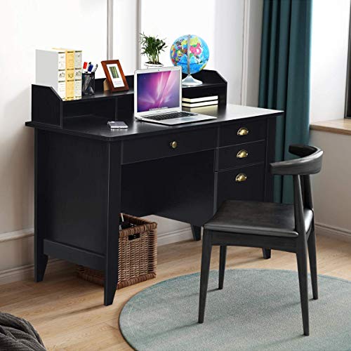 Catrimown Computer Desk with Drawers and Hutch, Executive Desk Teens Study Student Desk Writing Home Office Desks for Bedroom Small Spaces Wood Furniture, Vintage Style Black