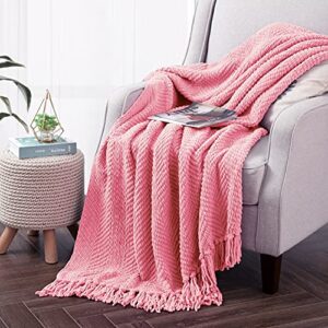 bytide throw blanket for couch soft knitted textured couch cover pink tweed blanket with fringe tassel for home décor bed sofa chair, 50″ x 60″, strawberry ice