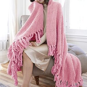 Bytide Throw Blanket for Couch Soft Knitted Textured Couch Cover Pink Tweed Blanket with Fringe Tassel for Home Décor Bed Sofa Chair, 50" x 60", Strawberry Ice