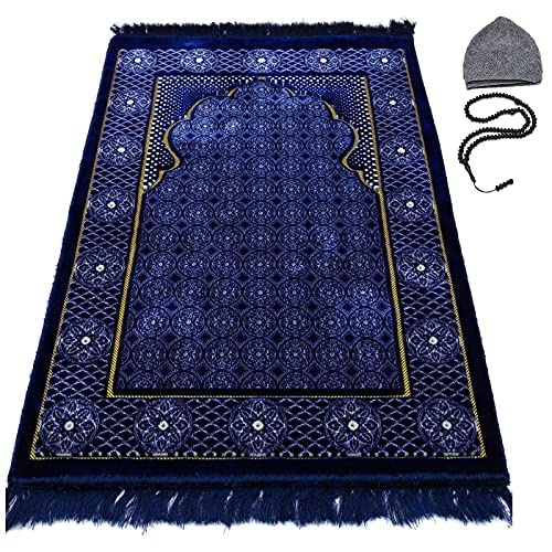 Modefa Turkish Islamic Prayer Rug - Traditional Muslim Janamaz Sajada - Plush Velvet Praying Mat Carpet for Men and Women - Ramadan or Eid Gift - with Kufi Cap & Beads - Floral Stamp Ipek - Blue 2