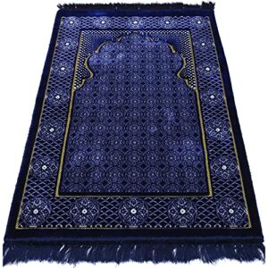 Modefa Turkish Islamic Prayer Rug - Traditional Muslim Janamaz Sajada - Plush Velvet Praying Mat Carpet for Men and Women - Ramadan or Eid Gift - with Kufi Cap & Beads - Floral Stamp Ipek - Blue 2