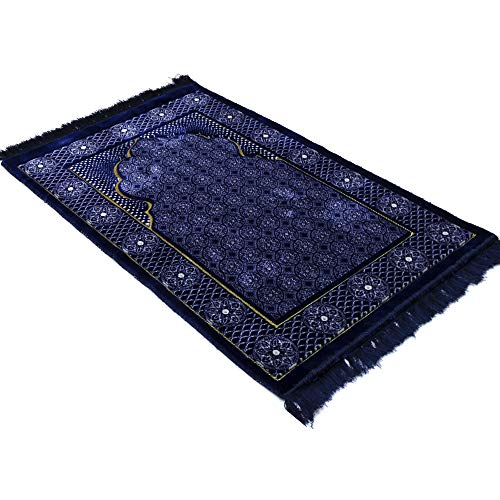 Modefa Turkish Islamic Prayer Rug - Traditional Muslim Janamaz Sajada - Plush Velvet Praying Mat Carpet for Men and Women - Ramadan or Eid Gift - with Kufi Cap & Beads - Floral Stamp Ipek - Blue 2