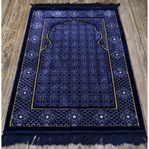 Modefa Turkish Islamic Prayer Rug - Traditional Muslim Janamaz Sajada - Plush Velvet Praying Mat Carpet for Men and Women - Ramadan or Eid Gift - with Kufi Cap & Beads - Floral Stamp Ipek - Blue 2