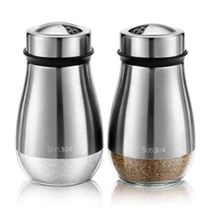 tuaeb 2pcs salt and pepper shakers set – salt shaker with adjustable pour holes – 304 stainless steel & glass spice dispenser refillable – perfect for black pepper, kosher and sea salts – seasoning