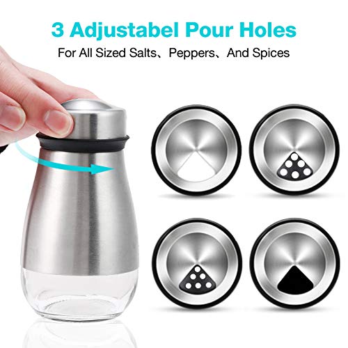 TUAEB 2pcs Salt and Pepper Shakers Set - Salt Shaker with Adjustable Pour Holes - 304 Stainless Steel & Glass Spice Dispenser Refillable - Perfect for Black Pepper, Kosher And Sea Salts - Seasoning