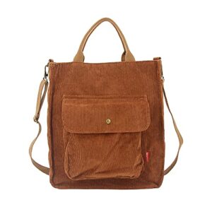 lihenyu corduroy tote bag with external pocket,top zipper closure,aesthetic purse cute crossbody bag for school travel work brown