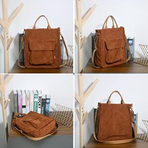 LIHENYU Corduroy Tote Bag with External Pocket,Top Zipper Closure,Aesthetic Purse Cute Crossbody Bag for School Travel Work Brown