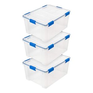 iris usa 60 quart weatherpro plastic storage box with durable lid and seal and secure latching, clear with blue buckles, weathertight, 3 pack