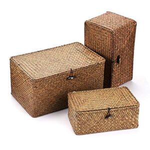 Hipiwe Set of 3 Natural Seagrass Storage Baskets with Lid - Large Handwoven Wicker Storage Bins Rectangular Household Organizer Boxes Shelf Wardrobe Organizer, Coffee