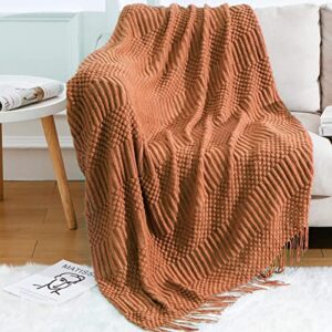 Blagic Knitted Throw Blanket for Couch Soft Farmhouse Boho Fall Throw Blanket with Tassels Home Decorative Lightweight Throw Blankets,Rust Throws for Bed/Chair/Sofa, Pineapple Textured, 50" W x 60" L