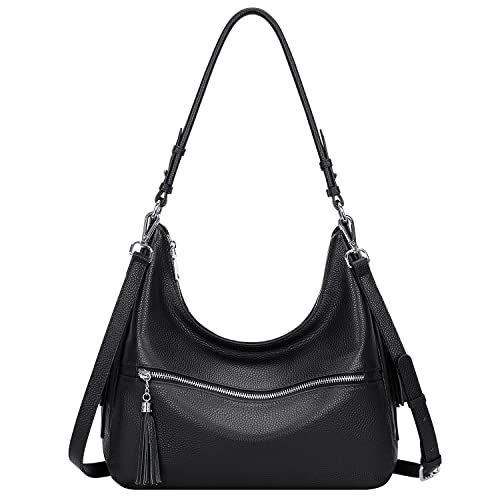 Over Earth Genuine Leather Purses and Handbags for Women Hobo Purse Shoulder Tote Bag Ladies Crossbody Bag with Tassel Medium(O106-2E Black)