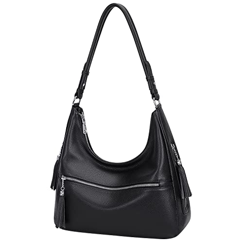 Over Earth Genuine Leather Purses and Handbags for Women Hobo Purse Shoulder Tote Bag Ladies Crossbody Bag with Tassel Medium(O106-2E Black)