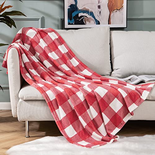 MIULEE Buffalo Plaid Fleece Throw Blanket for Sofa Couch Bed, Red and White Checkered Decor, Super Soft Lightweight Cozy Warm Fuzzy Geometric Microfiber Flannel Blanket for All Seasons, 50" X 60"