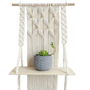 Geepro Boho Wall Decor Macrame Wall Hanging Shelf Indoor Window Plant Hanger for Wall Biege