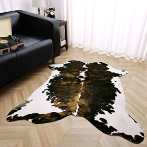 amearea faux cowhide rug, premium cow print rugs for bedroom, large cow hide area rug, faux fur animal hide carpets for livingroom, kids bedroom, dining western decor mat, dark brown 4.6×5.2 feet