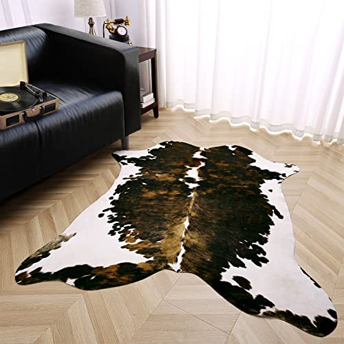 Amearea Faux Cowhide Rug, Premium Cow Print Rugs for Bedroom, Large Cow Hide Area Rug, Faux Fur Animal Hide Carpets for Livingroom, Kids Bedroom, Dining Western Decor Mat, Dark Brown 4.6x5.2 Feet