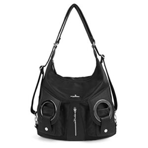 Soft Washed Leather Hobo Women Handbags Roomy Multiple Pockets Street ladies' Shoulder Bag Fashion Satchel Bag (W6802-2P#1668#1-BLACK/BLACK)