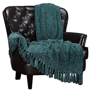 chanasya soft teal chenille knitted diamond textured decorative throw blanket – geometric lightweight luxury fuzzy decor with tassels for couch sofa bed chair bedroom living room (50×65 inches)