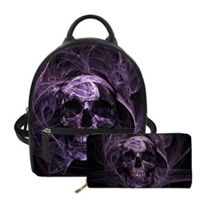 freewander purple smoking skull print pu leather wallet mini backpack school bag for women 2pc