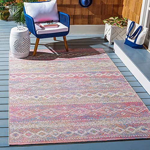 SAFAVIEH Summer Collection 4' x 6' Ivory / Pink SMR498A Boho Indoor/ Outdoor Non-Shedding Easy-Cleaning Patio Backyard Porch Deck Mudroom Accent-Rug