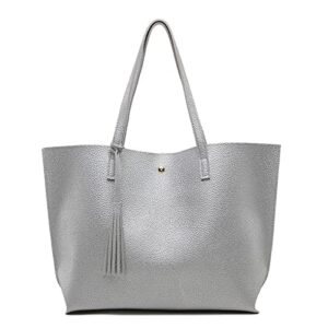 kbinter women’s soft leather tote shoulder bag, big capacity tassel handbag women large (silver)