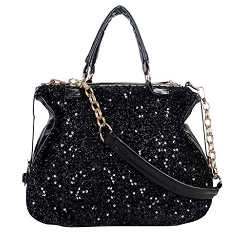 FiveloveTwo Women Punk Chain Handbag Purse Rhinestone Top-handle Shoulder Bag PU Leather Tote Satchel Black