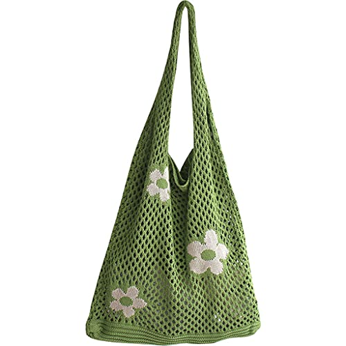 ergou Flower Crochet Tote Bag, Woven Beach Totes Bags for Women, Simple Knitting Hollow Out Shoulder Beach Bag Casual Laziness-Style Handmade Weaving Large capacity Handbag (Green)