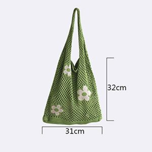 ergou Flower Crochet Tote Bag, Woven Beach Totes Bags for Women, Simple Knitting Hollow Out Shoulder Beach Bag Casual Laziness-Style Handmade Weaving Large capacity Handbag (Green)