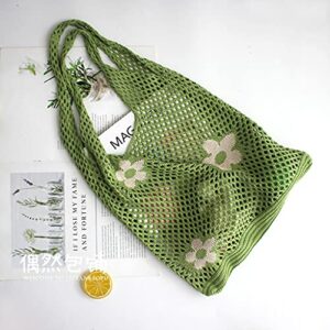 ergou Flower Crochet Tote Bag, Woven Beach Totes Bags for Women, Simple Knitting Hollow Out Shoulder Beach Bag Casual Laziness-Style Handmade Weaving Large capacity Handbag (Green)