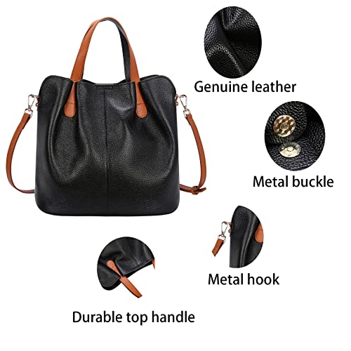 HESHE Womens Genuine Leather Tote Bag Top Handle Bags Shoulder Handbags Ladies Designer Purses Crossbody Bag (Black)