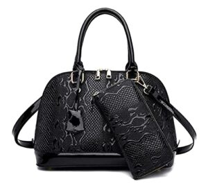patent leather handbag crocodile pattern top handle purse shell bag come with wallet (black)