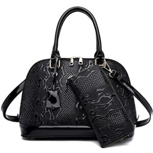 Patent Leather Handbag Crocodile Pattern Top Handle Purse Shell Bag Come with Wallet (Black)